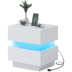 Bedside Table with Charging Station and LED Light Modern Nightstand with USB Ports AC Outlets Drawers Remote, Black