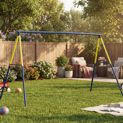Kids Swing Set, Heavy Duty Metal 2 Seat Swing Stand Set with Ground Stakes, Supports 150 kg, Indoor Outdoor, Blue