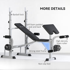 Bench Press Set Adjustable Weight Bench with Squat Rack, Preacher Curl Pad, Leg Developer and Weight Storage, White