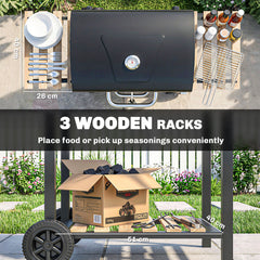20" Charcoal BBQ Grill Barbecue on Wheels with Adjustable Charcoal Pan, Spacious Cooking Area, 3 Shelves, Thermometer