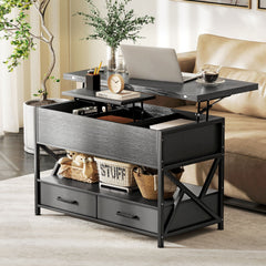 Modern Coffee Table, Lift Top Center Table with Fabric Drawers and Hidden Storage for Living Room, Distressed Black