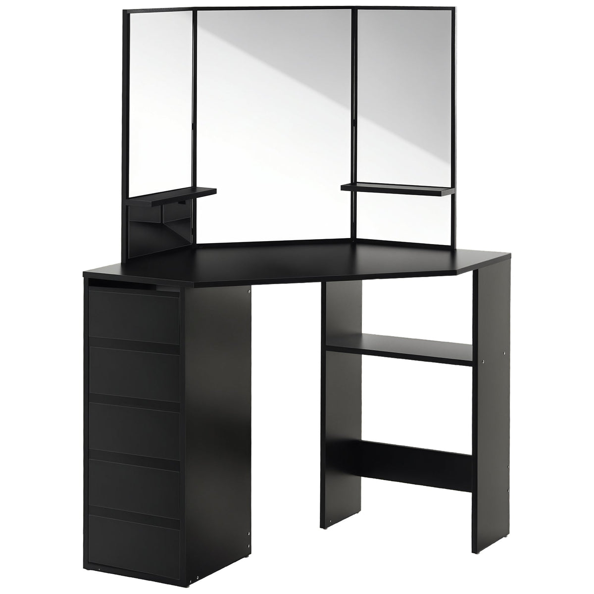 Corner Vanity Desk with Mirror, Makeup Vanity Table with 5 Drawers and Open Shelves, Dressing Table with 3-piece Mirror for Bedroom, Black