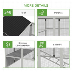 142" Outdoor Wooden Chicken Coop with Run, Ramps, Perches, Storage, Combinable Design for 6 - 10 Chickens, Grey
