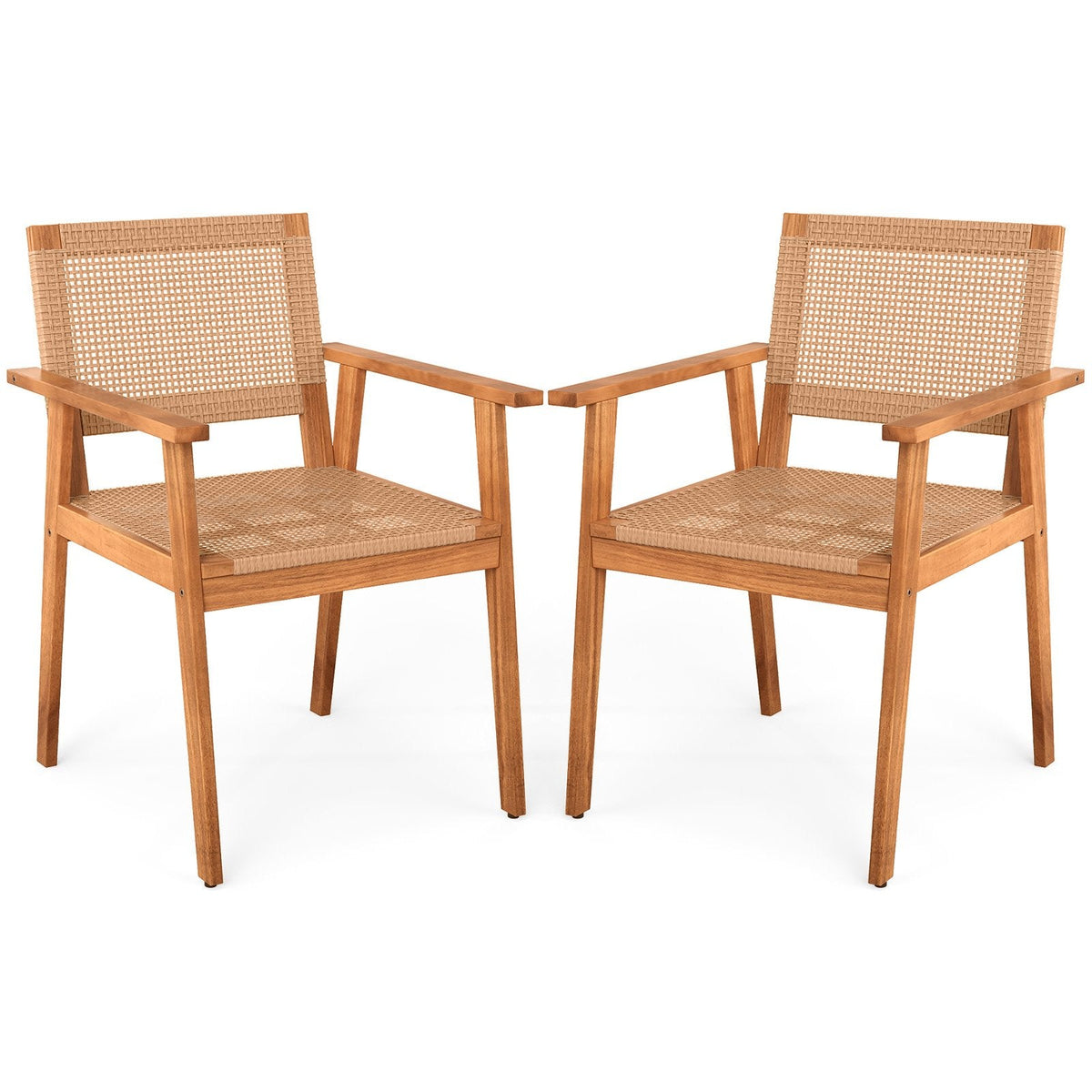 Acacia Wood Outdoor Dining Chairs Set of 2 PE Rattan Patio Chairs with Backrests and Armrests