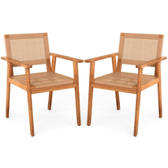 Acacia Wood Outdoor Dining Chairs Set of 2 PE Rattan Patio Chairs with Backrests and Armrests