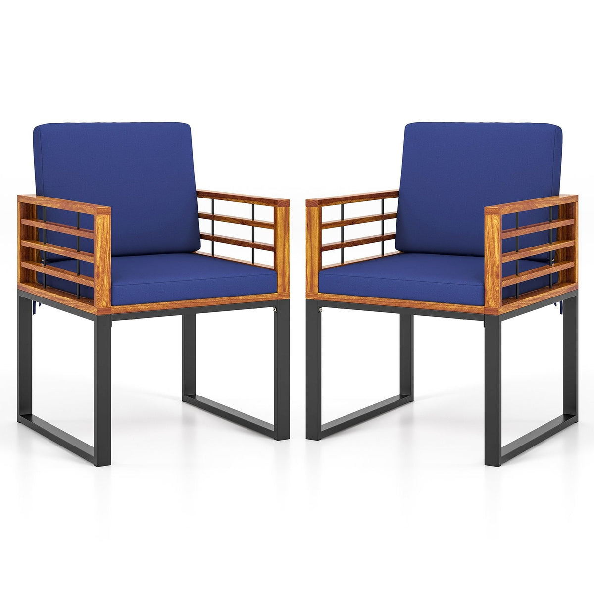 Acacia and Metal Outdoor Armchairs, Set of 2, Navy Seat and Back Cushions, Rated 400 lb Each