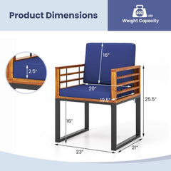 Acacia and Metal Outdoor Armchairs, Set of 2, Navy Seat and Back Cushions, Rated 400 lb Each