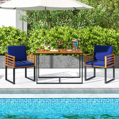 Acacia and Metal Outdoor Armchairs, Set of 2, Navy Seat and Back Cushions, Rated 400 lb Each