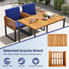 Acacia and Metal Outdoor Armchairs, Set of 2, Navy Seat and Back Cushions, Rated 400 lb Each