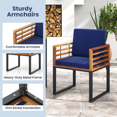 Acacia and Metal Outdoor Armchairs, Set of 2, Navy Seat and Back Cushions, Rated 400 lb Each