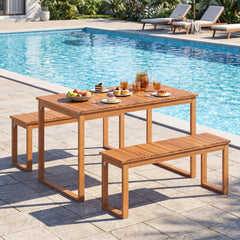 Acacia Wood Outdoor Garden Bench Set of 1/2 with Slatted Seat for Front Porch-Set of 2