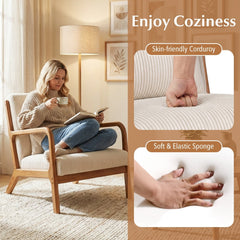 Accent Chair Corduroy Upholstered Lounge Chair with Lumbar Pillow-Beige