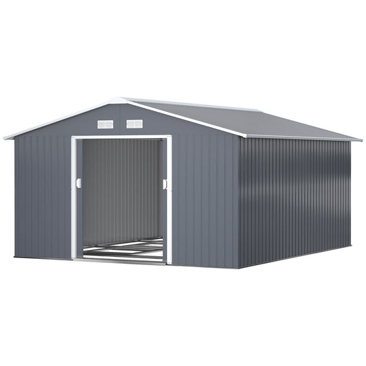 11.2ft x 12.5ft Practical Backyard Garden Storage Tool Shed 4 Ventilation Slots Double Sliding Door, Grey