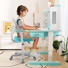 Adjustable Desk Chair with Auto Brake Casters for Kids-Turquoise