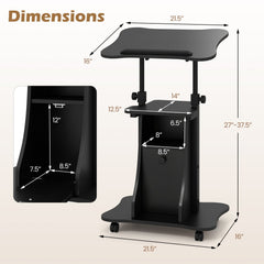 Adjustable Mobile Standing Desk Cart with Tilt Desktop and Cabinet-Black
