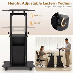 Adjustable Mobile Standing Desk Cart with Tilt Desktop and Cabinet-Black