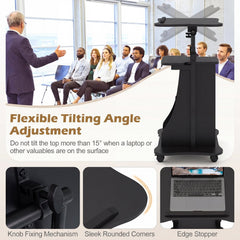 Adjustable Mobile Standing Desk Cart with Tilt Desktop and Cabinet-Black