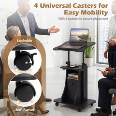 Adjustable Mobile Standing Desk Cart with Tilt Desktop and Cabinet-Black