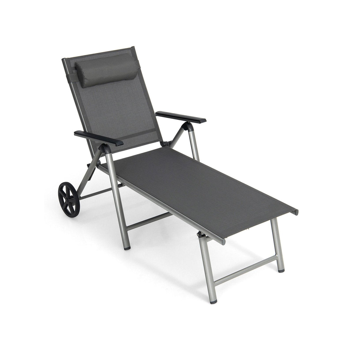Folding Aluminium Chaise Lounge with Wheels and 7 Level Backrest