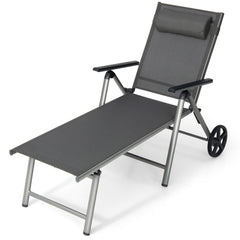 Folding Aluminium Chaise Lounge with Wheels and 7 Level Backrest