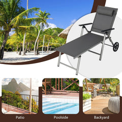 Folding Aluminium Chaise Lounge with Wheels and 7 Level Backrest