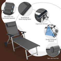 Folding Aluminium Chaise Lounge with Wheels and 7 Level Backrest
