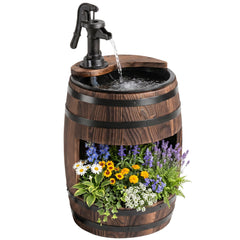 Wooden Outdoor Fountain, Electrical Barrel Waterfall with 3600r/min Speed Pump for Patio, Backyard, Carbonized