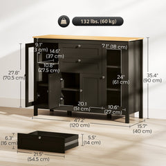 Buffet Cabinet Sideboard with 2 Drawers, 3 Storage Cabinets, Glass Doors and Adjustable Shelves, Dark Brown