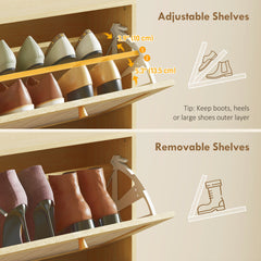 Rattan Shoe Storage Cabinet with 3 Flip Drawers and Adjustable Shelves, Entryway Shoe Cabinet for 18 Pairs, Oak