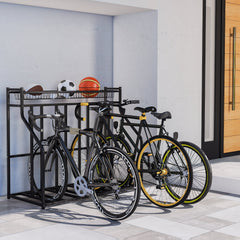 4 Bicycle Bike Stand, Metal Floor Bike Storage Rack with Basket, Hooks, Indoor Outdoor Bicycle Stand, Black