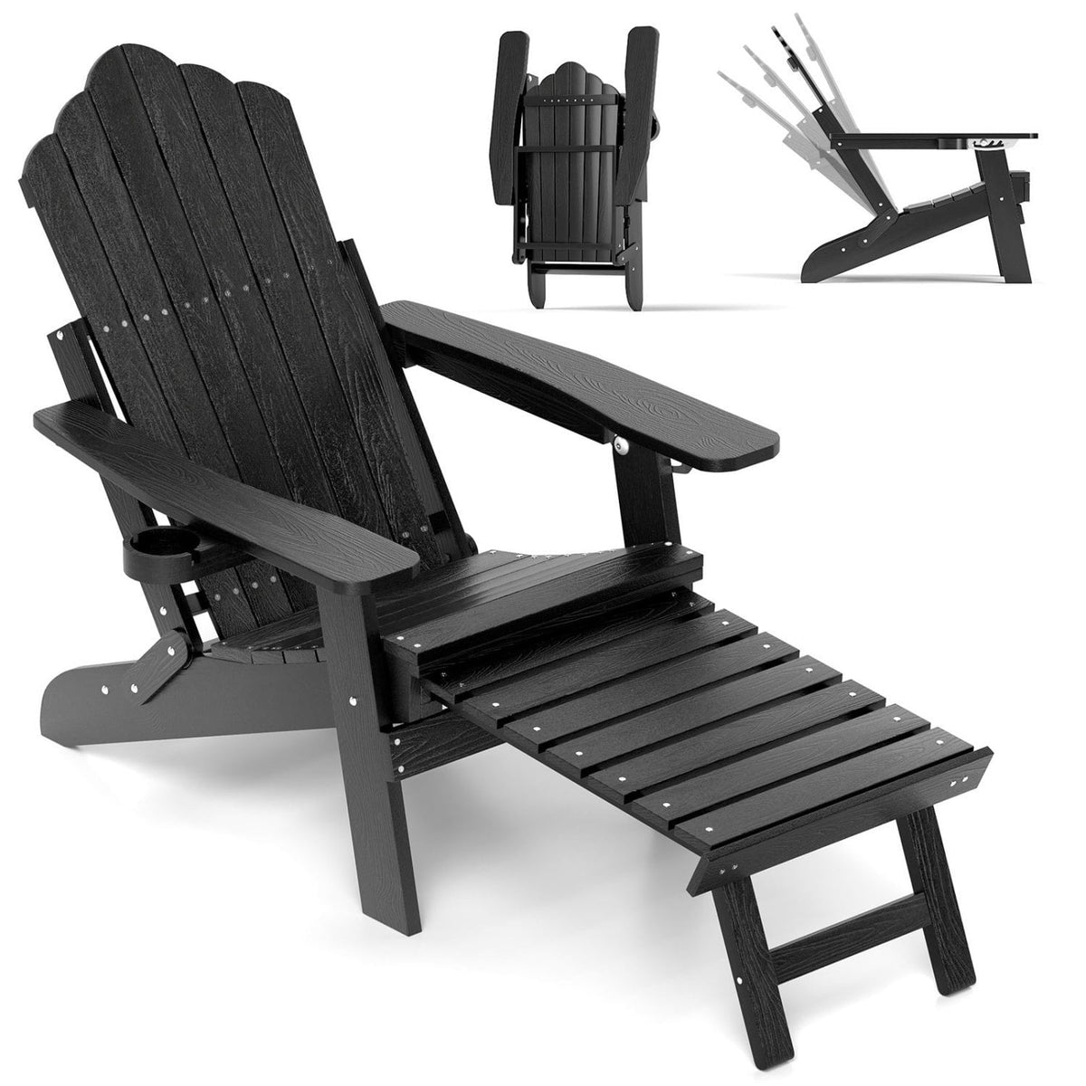 All-Weather HIPS Patio Adirondack Lounge Chair with Retractable Footrest-Black