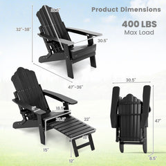 All-Weather HIPS Patio Adirondack Lounge Chair with Retractable Footrest-Black