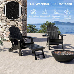 All-Weather HIPS Patio Adirondack Lounge Chair with Retractable Footrest-Black