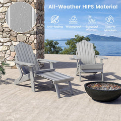 All-Weather HIPS Patio Adirondack Lounge Chair with Retractable Footrest-Gray