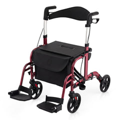 2-in-1 Adjustable Folding Handle Rollator Walker with Storage Space-Red
