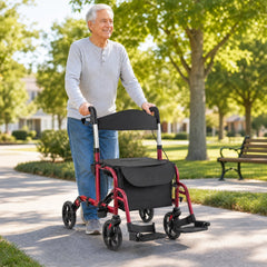 2-in-1 Adjustable Folding Handle Rollator Walker with Storage Space-Red