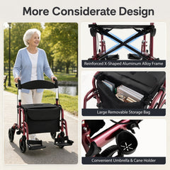 2-in-1 Adjustable Folding Handle Rollator Walker with Storage Space-Red