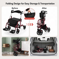 2-in-1 Adjustable Folding Handle Rollator Walker with Storage Space-Red