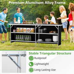 Aluminum Portable Picnic Table with 2-Tier Open Shelves and Spacious Tabletop-Black
