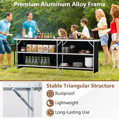 Aluminum Portable Picnic Table with 2-Tier Open Shelves and Spacious Tabletop-Coffee