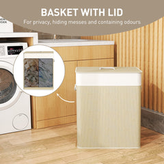 Double Laundry Basket with Lid, 100L Bamboo Laundry Hamper with Rope Handles and Removable Bags, Brown