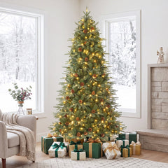 7 FT Pre-Lit Christmas Tree with 925 Tips, 61 Natural Pine Cones and 460 Warm White LEDs