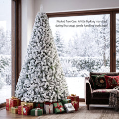 9 FT Snow Flocked Artificial Christmas Tree with 1498 Wide Leaf Branch Tips and Four Sections