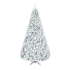 9 FT Snow Flocked Artificial Christmas Tree with 1498 Wide Leaf Branch Tips and Four Sections