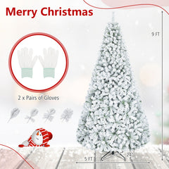 9 FT Snow Flocked Artificial Christmas Tree with 1498 Wide Leaf Branch Tips and Four Sections