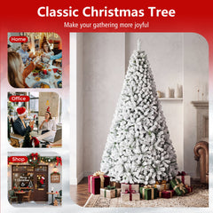 9 FT Snow Flocked Artificial Christmas Tree with 1498 Wide Leaf Branch Tips and Four Sections
