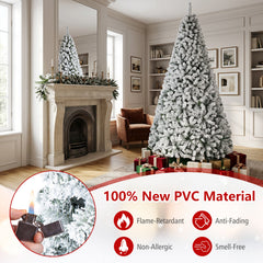 9 FT Snow Flocked Artificial Christmas Tree with 1498 Wide Leaf Branch Tips and Four Sections