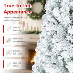 9 FT Snow Flocked Artificial Christmas Tree with 1498 Wide Leaf Branch Tips and Four Sections