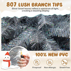 7 FT Silver Tinsel Pre-Lit Christmas Tree, 807 Tips and 400 Warm White LEDs, Hinged