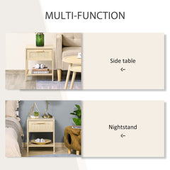 Narrow Nightstand with Rattan Elements, Bedside Table with Drawer and Storage Shelf for Bedroom, Natural